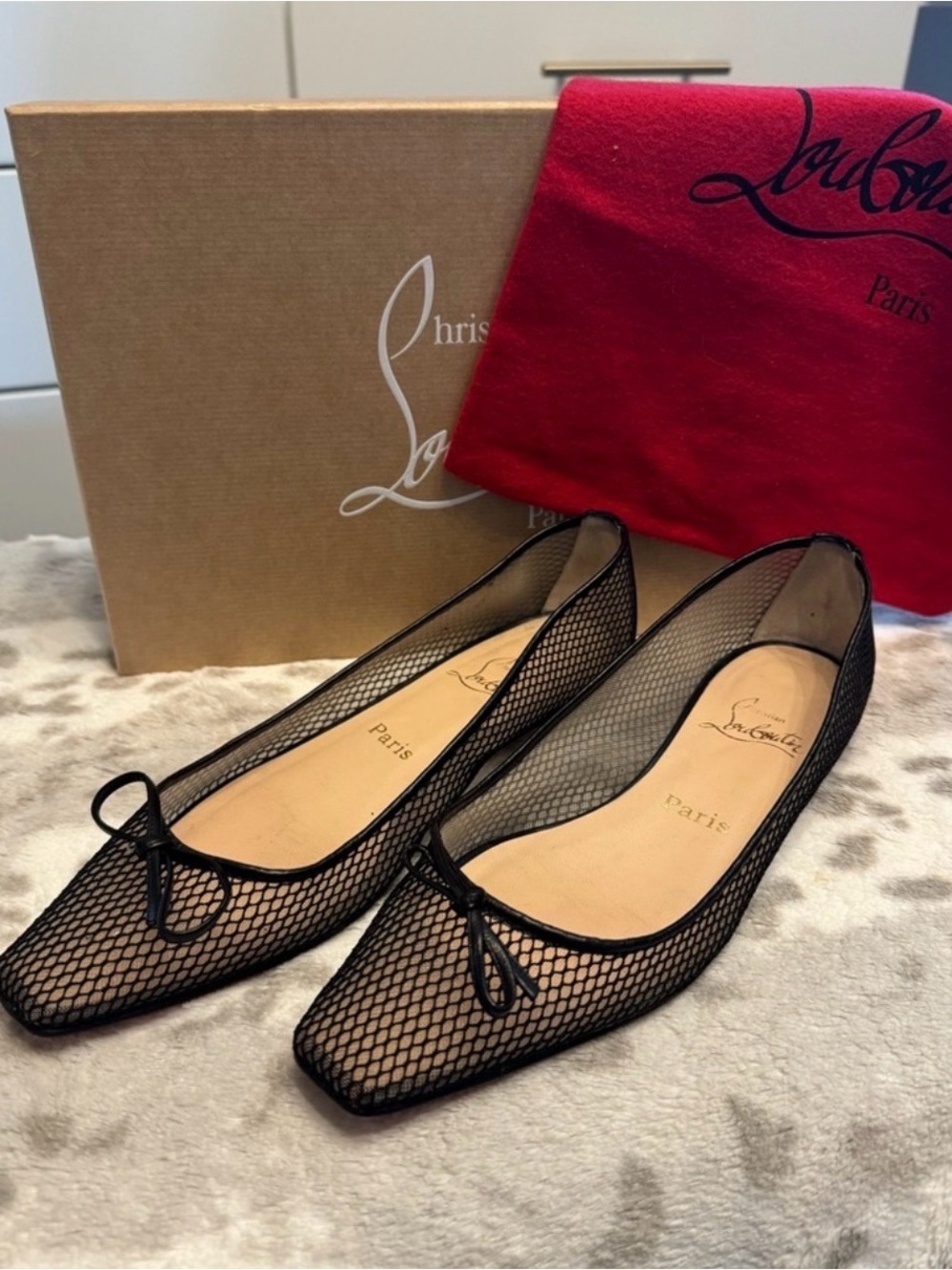 Christian Louboutin Black Mesh Bow Ballet Flats